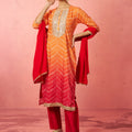Women's Orange Muslin Bandhani Kurta Set with Straight Pants & Dupatta