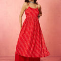 Women's Red Chinon Sequin Anarkali Set with Palazzo