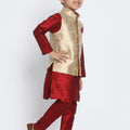VASTRAMAY Boys' Gold Cotton Silk Blend Waistcoat, Maroon Kurta and Pyjama Set