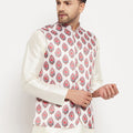 Men's White & Red Floral Printed Slim-Fit Satin Nehru Jacket