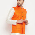 VASTRAMAY Men's Orange Silk Blend Nehru Jacket