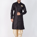 VASTRAMAY Men's Black And Gold Cotton Blend Sherwani Set