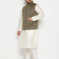 Men's Plus Size Black Ethnic Jacket With Cream Silk Blend Kurta And Pant Style Pyjama Set