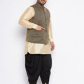 Men's Plus Size Black Ethnic Jacket With Golden Silk Blend Kurta And Black Dhoti Set