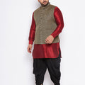 Men's Plus Size Black Ethnic Jacket With Maroon Silk Blend Kurta And Black Dhoti Set