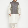 Men's Plus Size Cream And Navy Blue Silk Blend Jacket Kurta Pyjama Set
