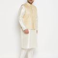 Men's Plus Size Cream Ethnic Jacket With Cream Silk Blend Kurta And Pant Style Pyjama Set