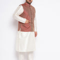 Men's Plus Size Maroon Silk Blend Jacket And Cream Kurta Pant Set
