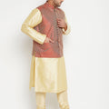 Men's Plus Size Gold And Maroon Brocade Silk Blend Jacket Kurta Pyjama Set