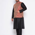 Men's Plus Size Maroon Woven Nehru Jacket With Black Kurta And Pyjama Set