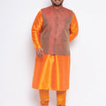 Men's Plus Size Maroon Woven Nehru Jacket With Orange Kurta And Pyjama Set
