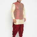 Men's Plus Size Gold And Maroon Silk Blend Jacket Kurta Dhoti Pant Set