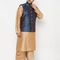 Plus Men's Blue Zari Weaved Nehru Jacket With Kurta Dhoti Set