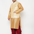 Plus Men's Gold Zari Weaved Nehru Jacket With Kurta Dhoti Set