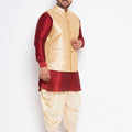 Men's Plus Size Gold Zari Weaved Nehru Jacket With Curved Kurta Dhoti Set