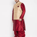 Men's Plus Size Rose Gold Brocade Silk Blend Jacket And Maroon Kurta With Pleated Dhoti Set
