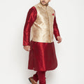 Men's Plus Size Maroon And Rose Gold Brocade Silk Blend Jacket Kurta Pyjama Set