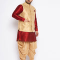 Men's Plus Size Rose Gold Woven Nehru Jacket With Maroon Kurta And Rose Gold Dhoti Set