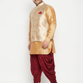 Men's Plus Size Rose Gold Brocade Silk Blend Jacket Kurta Dhoti Pant Set