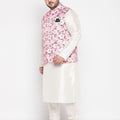 Men's Plus Size Pink Floral Printed Jacket With Cream Solid Kurta Pyjama Set