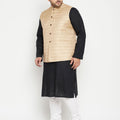 Men's Plus Size Black And Beige Cotton Blend Jacket Kurta Pyjama Set