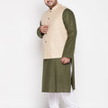 Men's Plus Size Beige Solid Jacket With Mint Green Solid Kurta And White Pyjama Set