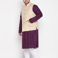 Men's Plus Size Beige Solid Jacket With Purple Solid Kurta And White Pyjama Set