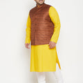 Men's Plus Size Mustard And Coffee Brown Cotton Blend Jacket Kurta Pyjama Set