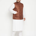 Men's Plus Size White And Coffee Brown Cotton Blend Jacket Kurta Pyjama Set
