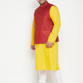 Men's Plus Size Mustard And Maroon Cotton Blend Jacket Kurta Pyjama Set