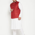 Men's Plus Size White And Maroon Cotton Blend Jacket Kurta Pyjama Set