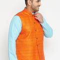 Men's Plus Size Orange Matka Silk Textured Nehru Jacket