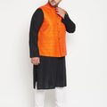 Plus Men's Black And White Pyjama Set With Orange Nehru Jacket Set