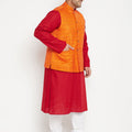 Men's Plus Size Maroon And Orange Cotton Blend Jacket Kurta Pyjama Set