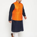 Men's Plus Size Navy Blue And Orange Cotton Blend Jacket Kurta Pyjama Set