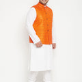 Men's Plus Size White And Orange Cotton Blend Jacket Kurta Pyjama Set