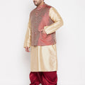 Plus Men's Maroon Nehru Jacket With Gold Kurta And Maroon Dhoti Set