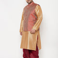 Plus Men's Maroon Nehru Jacket With Rose Gold Kurta And Maroon Dhoti Set