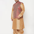 Plus Men's Maroon Nehru Jacket With Rose Gold Kurta And Dhoti Set