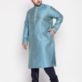 Men's Plus Size Aqua Blue Woven Kurta And Navy Blue Pyjama Set