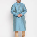 Men's Plus Size Aqua Blue Woven Kurta And Rose Gold Pyjama Set