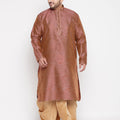 Men's Plus Size Maroon Woven Kurta And Rose Gold Dhoti Set