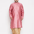 Men's Plus Size Pink Woven Kurta And Rose Gold Dhoti Set