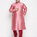 Men's Plus Size Pink Woven Kurta And Maroon Pyjama Set