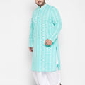 Men's Plus Size Green Chikankari Embroidered Kurta And White Dhoti Set