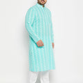 Men's Plus Size Green Chikankari Embroidered Kurta And White Cotton Pant Style Pyjama Set