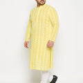 Men's Plus Size Mustard Chikankari Embroidered Kurta And White Pyjama Set