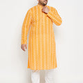 Men's Plus Size Orange Chikankari Embroidered Kurta And White Cotton Pant Style Pyjama Set