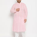 Men's Plus Size Pink Chikankari Embroidered Kurta And White Cotton Pant Style Pyjama Set