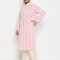 Men's Plus Size Pink Chikankari Embroidered Kurta And Cream Patiala Set